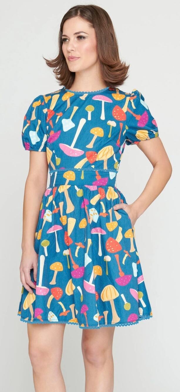 Smak Parlour Unique Vintage Blue Multicolor Mushroom Flare Dress M NWOT